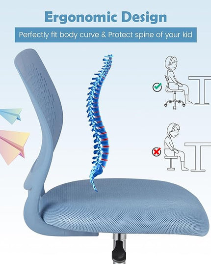 Kids Desk Chair, Blue Ergonomic Kids Office Chair Ages8-12 w/Lumbar Support, Low-Back Teen Desk Chair for Girls Boys, Small Cute Kids Computer Chair for Bedroom/Study/Vanity Desk - LeafyLoom