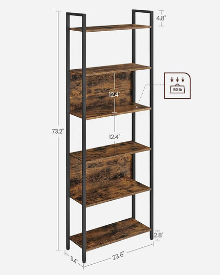 VASAGLE 6-Tier Bookshelf, Book Shelf, Industrial Bookcase, with Steel Frame, for Living Room, Home Office, Bedroom, 9.4 x 23.6 x 73.2 Inches, Rustic Brown and Black ULLS113B01 - LeafyLoom