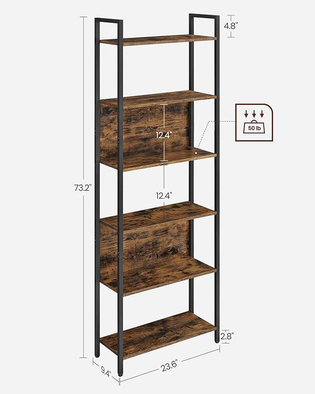 VASAGLE 6-Tier Bookshelf, Book Shelf, Industrial Bookcase, with Steel Frame, for Living Room, Home Office, Bedroom, 9.4 x 23.6 x 73.2 Inches, Rustic Brown and Black ULLS113B01 - LeafyLoom