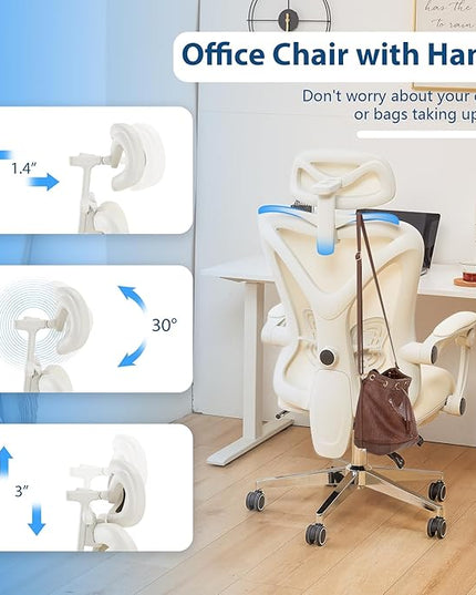 Ergonomic Office Chair with Footrest, Mesh Home Office Desk Chair with Adjustable Lumbar Support and Headrest, Comfortable Gaming Computer Chair for Study Work(Cream) - LeafyLoom