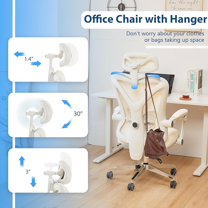 Ergonomic Office Chair with Footrest, Mesh Home Office Desk Chair with Adjustable Lumbar Support and Headrest, Comfortable Gaming Computer Chair for Study Work(Cream) - LeafyLoom