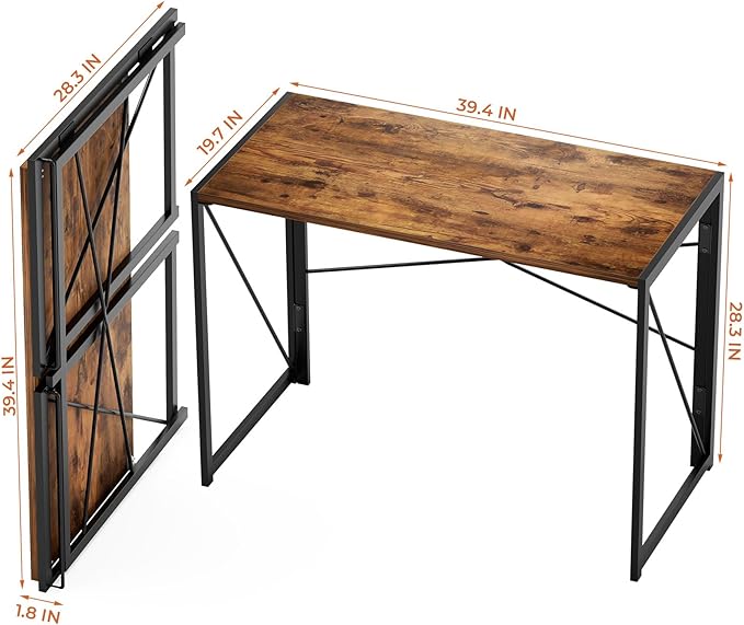 Coavas 39.4 inch Folding Desk No Assembly Required, Writing Computer Desk Space Saving Foldable Table Simple Home Office Desk, Slippy Vintage Brown - LeafyLoom