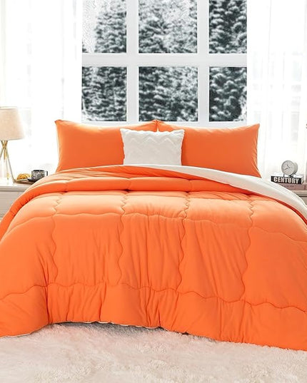 COTTEBED Warm Reversible Ultra-Soft Burnt Orange and Beige Comforter Set Queen, Breathable Fluffy Bedding Down Comforters Sets &2 Pillowshams for Women Girls Winter, Full/Queen Size Bed - LeafyLoom