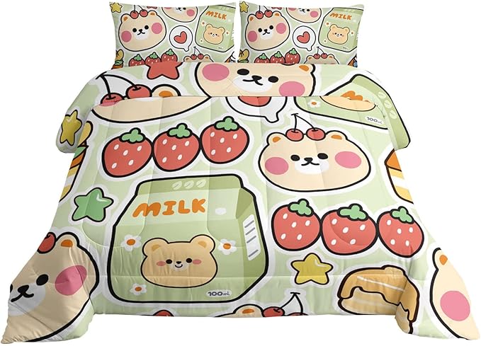 Datura home Kawaii Strawberry Bear Comforter Bedding Set for Kids Boys and Girls Teens,Cute Cartoon Fruit Print Light Green with 1 2 Pillowcases(Kawaii Full), Full 80x90inches - LeafyLoom