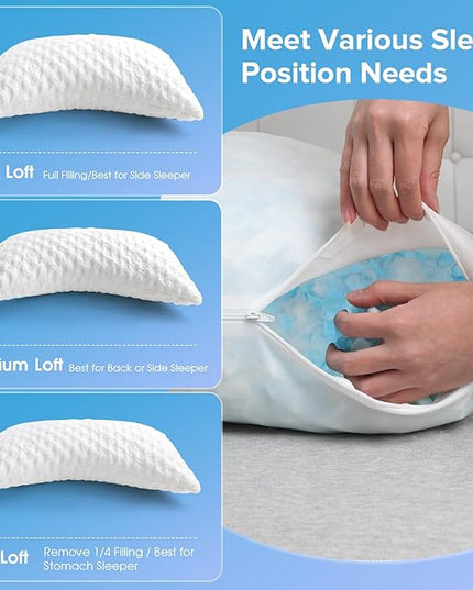 Cooling Side Sleeper Pillow for Neck and Shoulder Pain, Adjustable Shredded Memory Foam Bed Pillows for Sleeping,Ergonomic Curved Pillow with Extra Foam,Queen Size Set of 2, Washable Cover - LeafyLoom