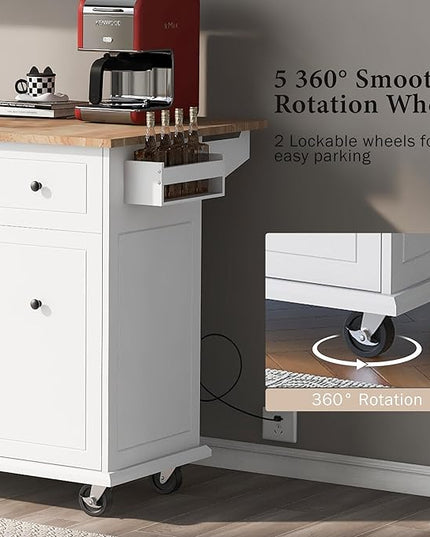 53.9" Drop Leaf, Rolling Island on Wheels w/Drawer and 3-Tier Pull Out Cabinet Organizer, Kitchen Storage Cart with Spice, Towel Rack, White, 53.94 Inch - LeafyLoom