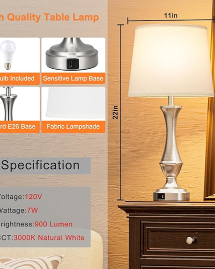 Touch Lamps for Bedrooms Set of 2 - Nightstand Table Lamp with USB C+A, 3 Way Dimmable Bedside Lamps for Living Room End Tables Set of 2, Farmhouse Night Stand Lamps(White&Nickel) - LeafyLoom
