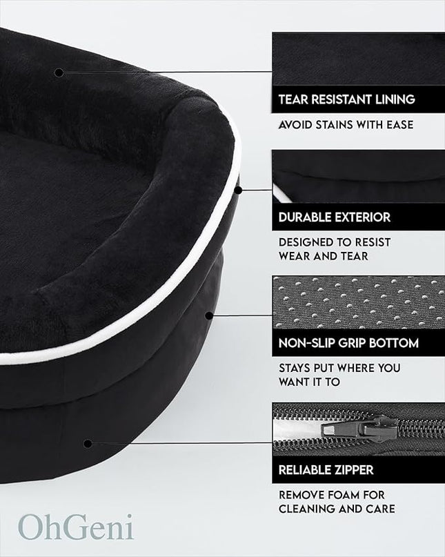 OhGeni Orthopedic Dog Bed Couch for X-Large Sized Pets with Egg Foam Support, Four-Sided Bolster Cushions, Soft Tear-Resistant Fabric, and Removable Machine Washable Plush Cover 42-Inch (Black) OhGeni