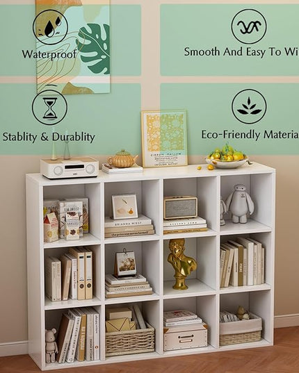 12-Cube Storage Shelf Bookcase - Wooden 3-Tier Floor Standing Open Bookshelf for Home and Office, Display Cabinet, Warm White - LeafyLoom