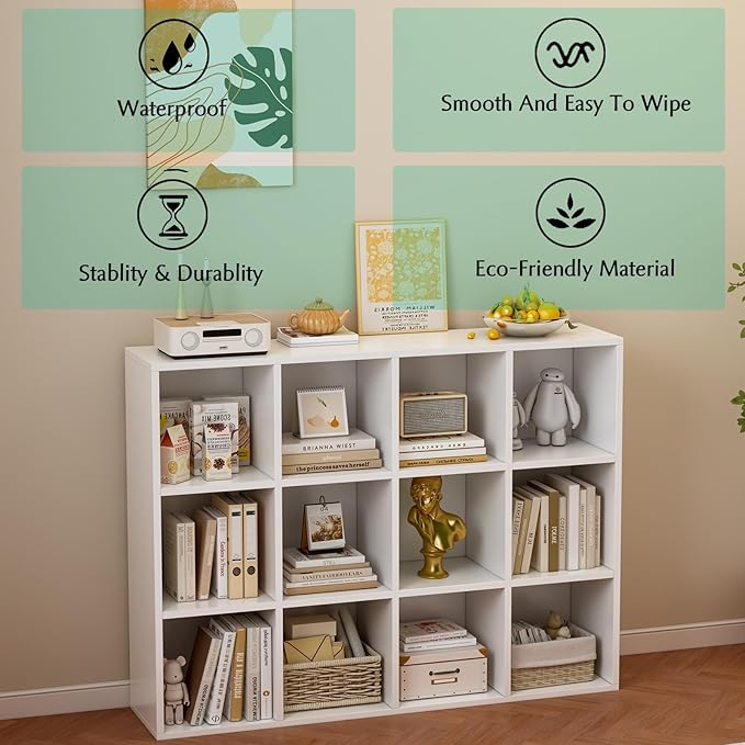 12-Cube Storage Shelf Bookcase - Wooden 3-Tier Floor Standing Open Bookshelf for Home and Office, Display Cabinet, Warm White - LeafyLoom