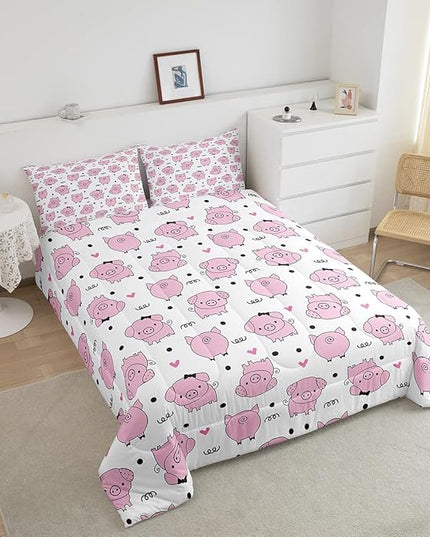 Erosebridal Pink Pig Comforter Set for Girls Kawaii Room Decor King,Cute Pigs Bedding Set for Kids Boys Children Farm Animal Quilted Duvet Sets Cartoom Style Soft Lightweight Down Comforter 3 Pcs - LeafyLoom