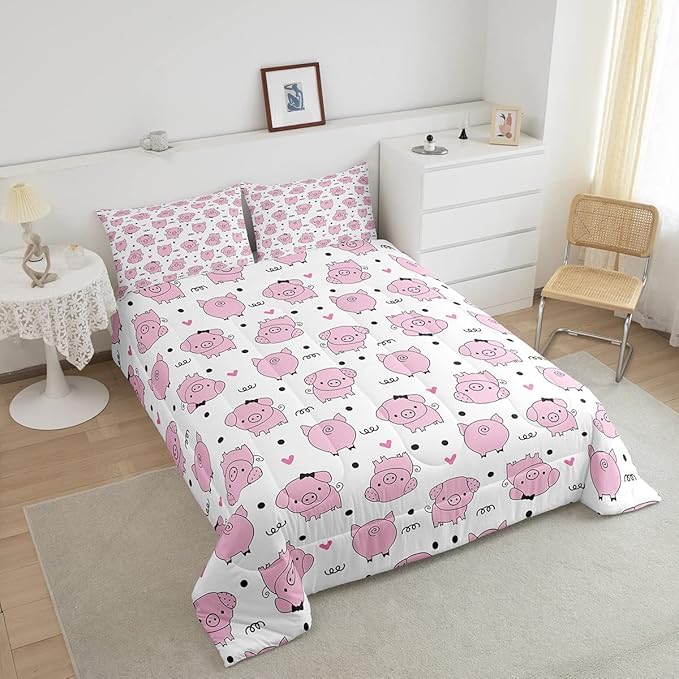 Erosebridal Pink Pig Comforter Set for Girls Kawaii Room Decor King,Cute Pigs Bedding Set for Kids Boys Children Farm Animal Quilted Duvet Sets Cartoom Style Soft Lightweight Down Comforter 3 Pcs - LeafyLoom