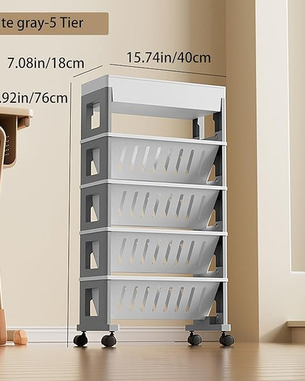 5 Tier Book Rack Storage Bookshelf, Mobile Bookshelf with Wheels, Removable Movable Unique Bookcase, Rolling Book Cart, Bookshelves for Students Study in Dorm Classroom Living Room School(White Grey) - LeafyLoom