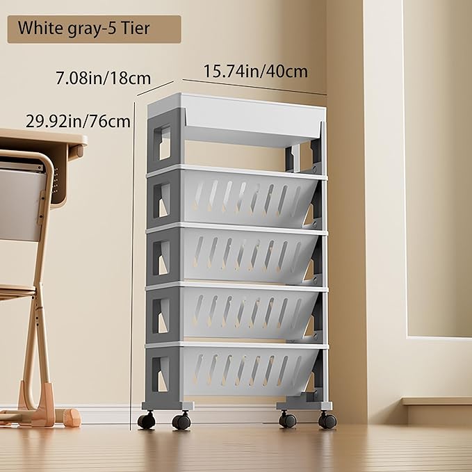 5 Tier Book Rack Storage Bookshelf, Mobile Bookshelf with Wheels, Removable Movable Unique Bookcase, Rolling Book Cart, Bookshelves for Students Study in Dorm Classroom Living Room School(White Grey) - LeafyLoom