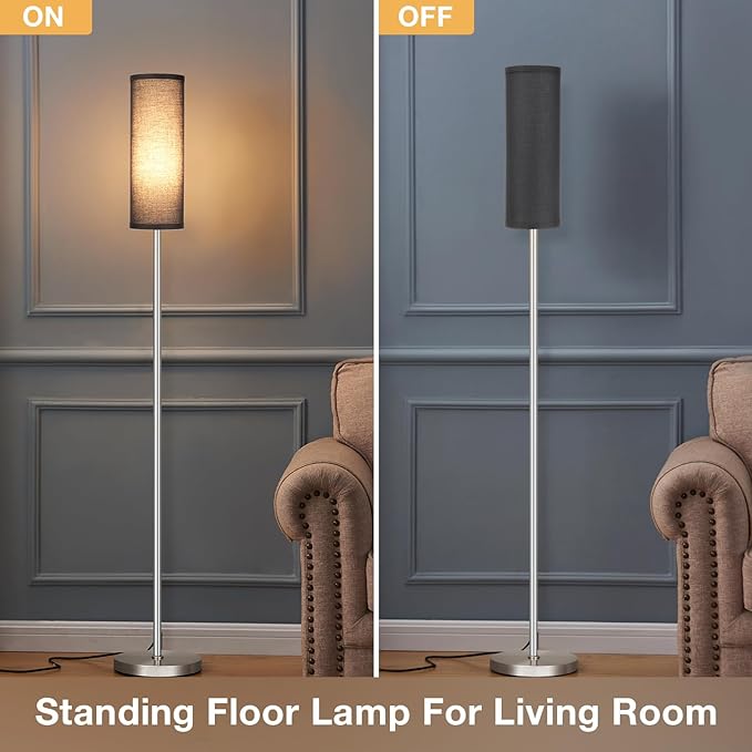 Ambimall Floor Lamp for Living Room - Pole Lamps for Bedrooms, Silver Standing Lamps with Black Shade, 66'' Tall Lamp for Office, Minimalist Floor Lamp for Home Decor - LeafyLoom