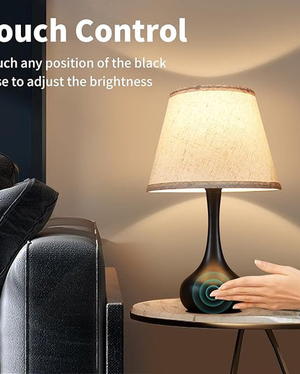 Touch Bedside Lamp for Bedroom, 3-Way Dimmable Farmhouse Table Lamps for Nightstand with Fabric Shade, Desk Lamp for Kids Reading, Home Office - LeafyLoom
