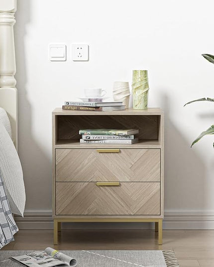 Anmytek Modern Nightstand for Bedroom, 2 Drawer Nightstand Square Bedside Table End Table with Storage for Bedroom, Sofa Side Table 2 Drawer Nightstand, Natural Oak, H0103 - LeafyLoom