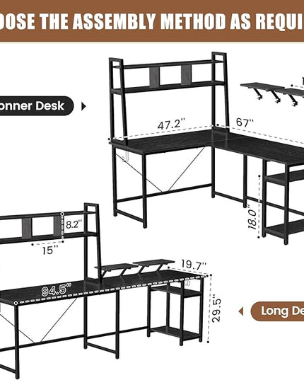 L-Shaped Gaming Desk with Hutch, Monitor Stands, Storage Shelves, LED Lights & Power Outlets - 94.5 inch Reversible Black Corner Computer Desk for Home Office - LeafyLoom