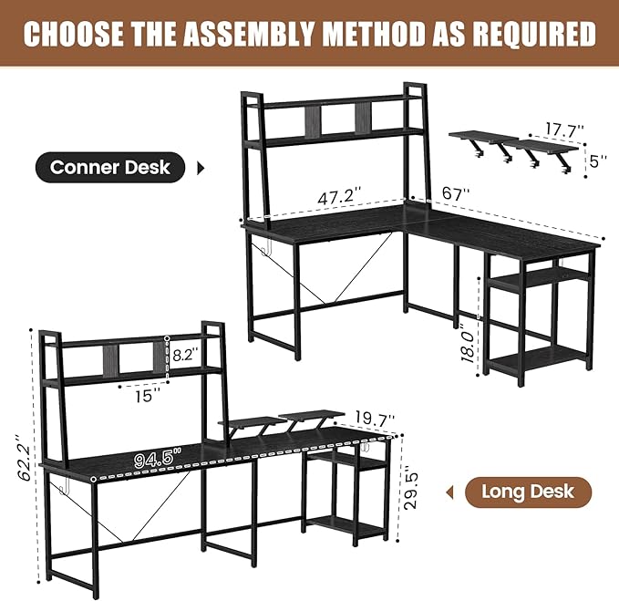L-Shaped Gaming Desk with Hutch, Monitor Stands, Storage Shelves, LED Lights & Power Outlets - 94.5 inch Reversible Black Corner Computer Desk for Home Office - LeafyLoom