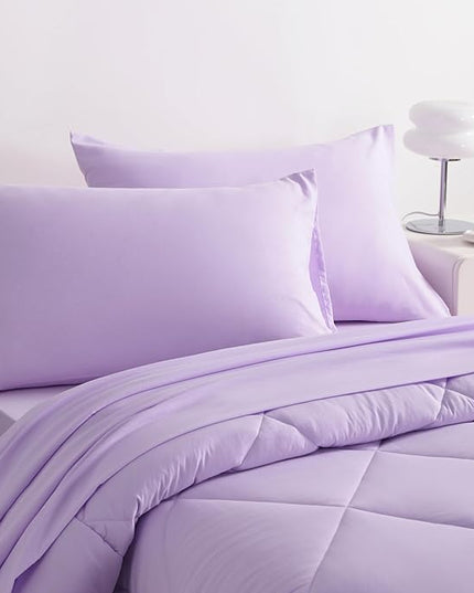 NTBAY Twin Comforter Set with Sheets, 5 Pieces Soft and Breathable Twin Bedding Set, Twin Bed in a Bag, Down Alternative Comforter Set Solid Color All Season, Kids Bedding Set, Light Purple - LeafyLoom