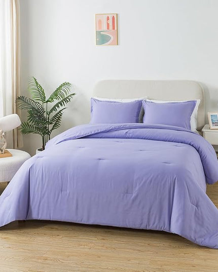 Queen Lavender Purple Comforter Set, Solid Luxury Skin-friendly Boho Bedding Set & Collections, Breathable Fluffy Microfiber 3 PCS (90"x90") Comforter Set for All Seasons with Pillowcases - LeafyLoom