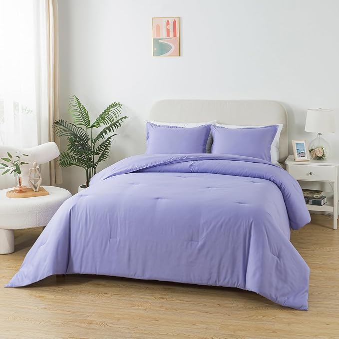 Queen Lavender Purple Comforter Set, Solid Luxury Skin-friendly Boho Bedding Set & Collections, Breathable Fluffy Microfiber 3 PCS (90"x90") Comforter Set for All Seasons with Pillowcases - LeafyLoom