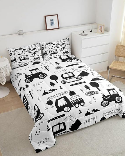 Construction Bedding Set Full Size Equipment Trucks Comforter Set for Kids Boys Girls Decor Cartoon Car Excavator Tractor Comforter Black White Duvet Set Bedroom Quilt Set - LeafyLoom