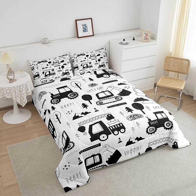 Construction Bedding Set Full Size Equipment Trucks Comforter Set for Kids Boys Girls Decor Cartoon Car Excavator Tractor Comforter Black White Duvet Set Bedroom Quilt Set - LeafyLoom