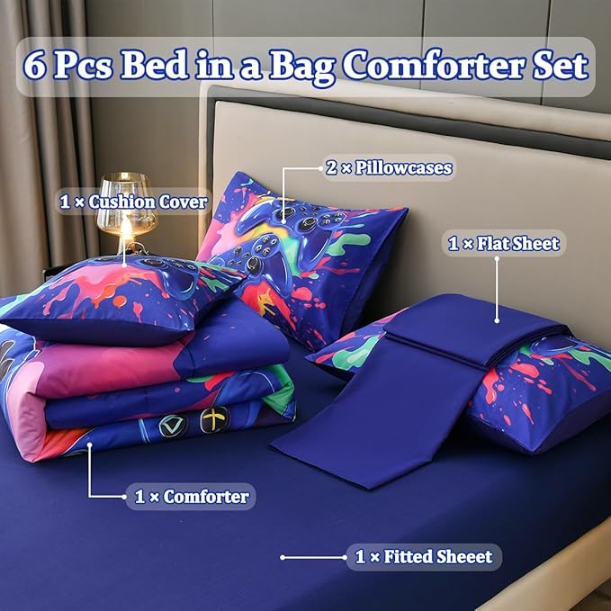 Gamer Comforter Set for Boys Kids, 6 Pcs Bed in a Bag Game Controller Boys Bediing Set Twin Size for All Season - LeafyLoom