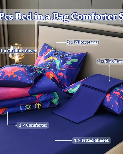 Full Size Gamer Comforter Set for Boys, Game Controller 6 Pcs Bed in a Bag Full Gaming Bediing Set for Boys Kids - LeafyLoom