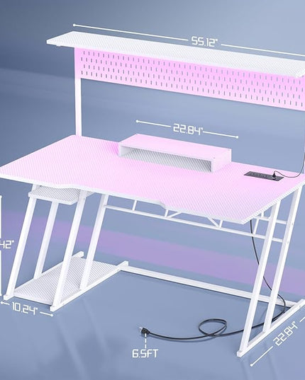 55'' White Gaming Desk with Hutch and LED Lights, Gaming Computer Desk with Storage Shelves & Z-Shaped Legs, Reversible PC Gaming Desk with Pegboard, Ergonomic Desk for Bedroom, Carbon Fiber Surface - LeafyLoom
