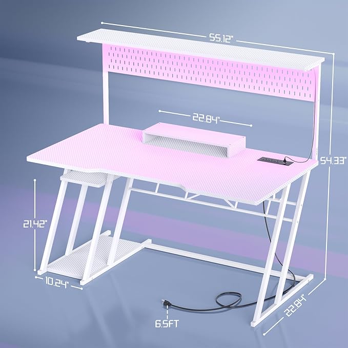 55'' White Gaming Desk with Hutch and LED Lights, Gaming Computer Desk with Storage Shelves & Z-Shaped Legs, Reversible PC Gaming Desk with Pegboard, Ergonomic Desk for Bedroom, Carbon Fiber Surface - LeafyLoom