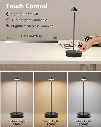 Cordless Table Lamps Rechargeable, 6000mAh Battery Operated LED Desk Lamp Outdoor Waterproof Portable Touch Dimmable Table Night Light for Patio Restaurant Dining Home Black - LeafyLoom