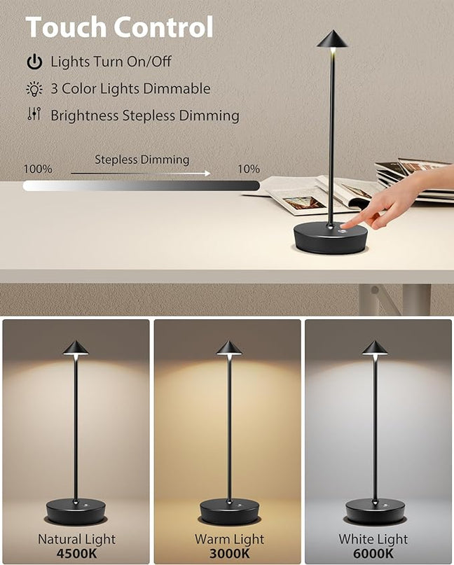 Cordless Table Lamps Rechargeable, 6000mAh Battery Operated LED Desk Lamp Outdoor Waterproof Portable Touch Dimmable Table Night Light for Patio Restaurant Dining Home Black - LeafyLoom