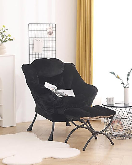 Welnow Lazy Chair with Ottoman, Modern Lounge Accent Chair with Armrests and a Side Pocket, Leisure Sofa Chair Set, Reading Chair with Footrest for Small Space, Corner Chair, Plush Black - LeafyLoom