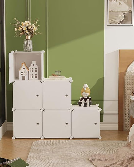 C&AHOME Cube Storage Organizer with Doors, 6-Cube Shelves, Closet Cabinet, DIY Plastic Modular Bookshelf Ideal for Bedroom, Living Room, 36.6”L x 12.4”W x 36.6”H Milky USHS3006M-DOOR - LeafyLoom