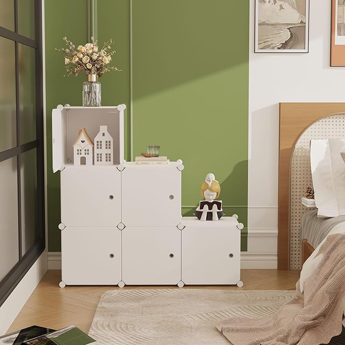 C&AHOME Cube Storage Organizer with Doors, 6-Cube Shelves, Closet Cabinet, DIY Plastic Modular Bookshelf Ideal for Bedroom, Living Room, 36.6”L x 12.4”W x 36.6”H Milky USHS3006M-DOOR - LeafyLoom