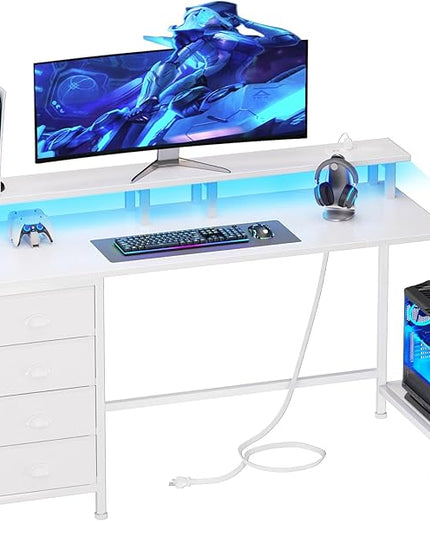Furologee 55in Computer Desk with 4 Drawers, LED Gaming Desk with Power Outlets, Office Desk with Full Monitor Stand and Storage Shelf, Study Work Desk for Home Office Bedroom, White - LeafyLoom