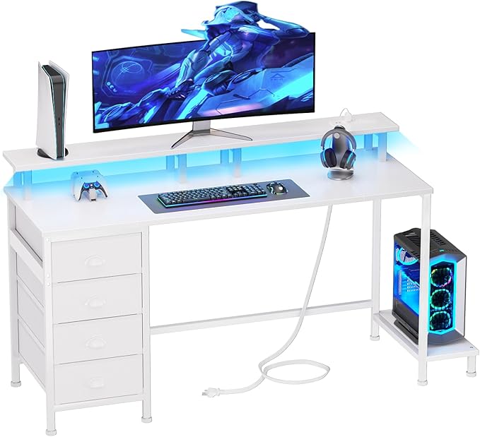 Furologee 55in Computer Desk with 4 Drawers, LED Gaming Desk with Power Outlets, Office Desk with Full Monitor Stand and Storage Shelf, Study Work Desk for Home Office Bedroom, White - LeafyLoom