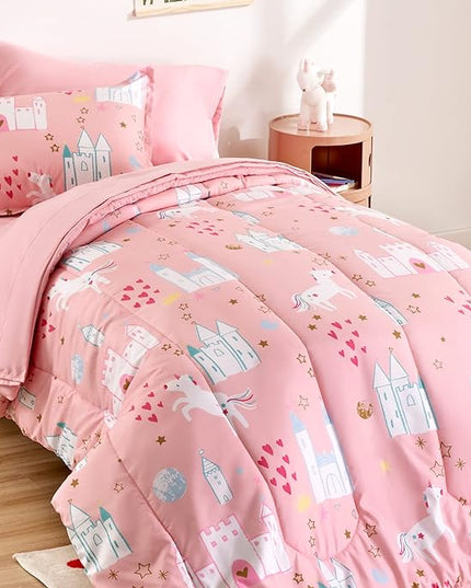SLEEP ZONE Kids Bedding Comforter Set Full/Queen Size - Super Cute & Soft Kids Bedding 7 Pieces Set with Comforter, Sheet, Pillowcase & Sham (Unicorn Castle) - LeafyLoom