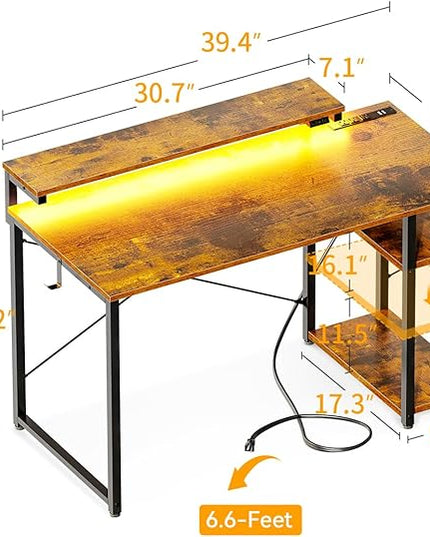 MOTPK Small Computer Desk with Led Lights & Power Outlet, 40 Inch Reversible Writing Desk with Shelves, Kids Desk with Adjustable Monitor Stand & Headphone Hook, Work Desk for Home Office, Brown - LeafyLoom