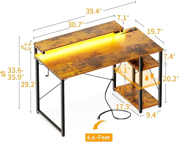MOTPK Small Computer Desk with Led Lights & Power Outlet, 40 Inch Reversible Writing Desk with Shelves, Kids Desk with Adjustable Monitor Stand & Headphone Hook, Work Desk for Home Office, Brown - LeafyLoom