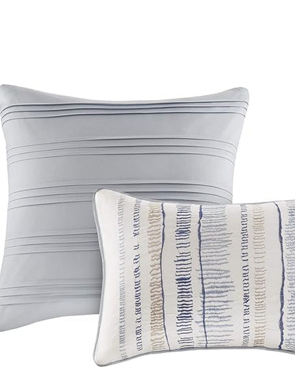 Madison Park Marina Comforter Quilt Combo Set - Modern Luxury Design, All Season Down Alternative Bedding, Matching Shams, Decorative Pillows, Full/Queen(90"x90"), Seersucker Blue 8 Piece - LeafyLoom