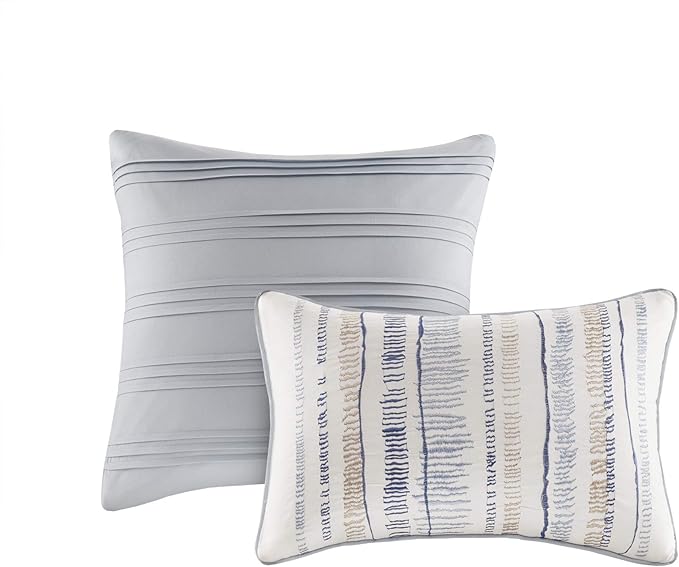 Madison Park Marina Comforter Quilt Combo Set - Modern Luxury Design, All Season Down Alternative Bedding, Matching Shams, Decorative Pillows, Full/Queen(90"x90"), Seersucker Blue 8 Piece - LeafyLoom