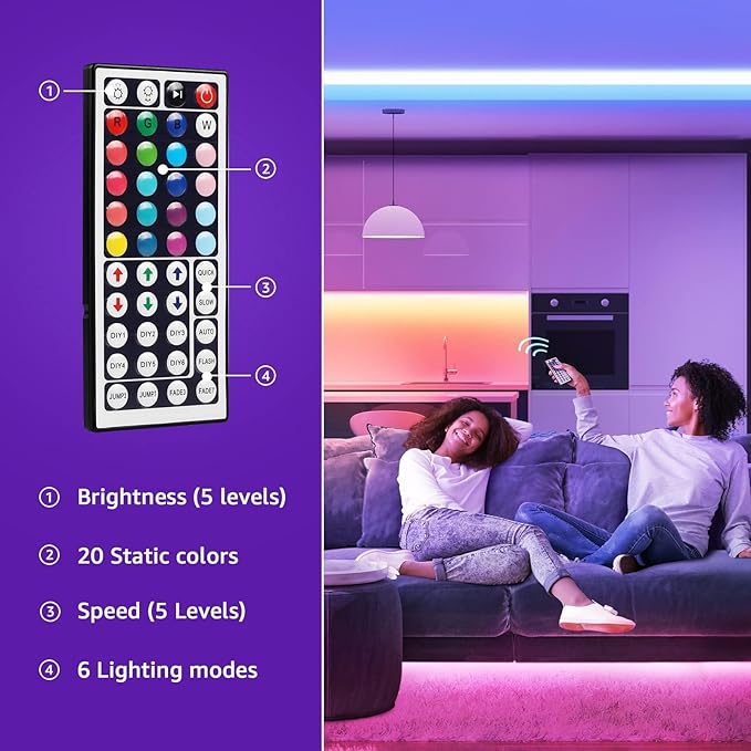 Lepro RGB LED Light Strips 32.8ft, Christmas Decorations, 5050 LED Color Changing Tape Light with 44 Key Remote and 12V Power Supply for Bedroom, TV Backlight, Kitchen, Bar Lepro
