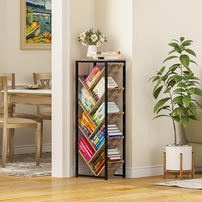 Tree Bookshelf - 9 Tier Floor Standing Tree Bookshelf for CDs/Movies/Books, Small Bookshelf for Small Spaces Bookshelves Wooden Book Storage Organizer Shelves for Bedroom Living Room Smaller - LeafyLoom
