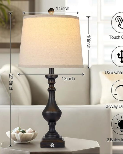 AKASUKI 27.5 Inch Black Farmhouse Table Lamps for Living Room Set of 2 with USB and Type-C Port, 3-Way Dimmable Table Lamps for Bedroom Vintage Rustic Bedside Lamps for bedrooms(2 Bulbs Included) - LeafyLoom