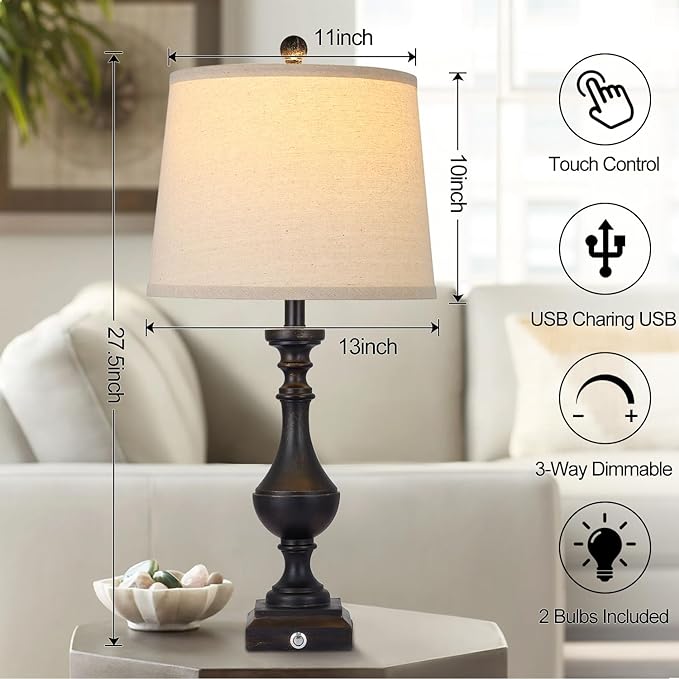 AKASUKI 27.5 Inch Black Farmhouse Table Lamps for Living Room Set of 2 with USB and Type-C Port, 3-Way Dimmable Table Lamps for Bedroom Vintage Rustic Bedside Lamps for bedrooms(2 Bulbs Included) - LeafyLoom