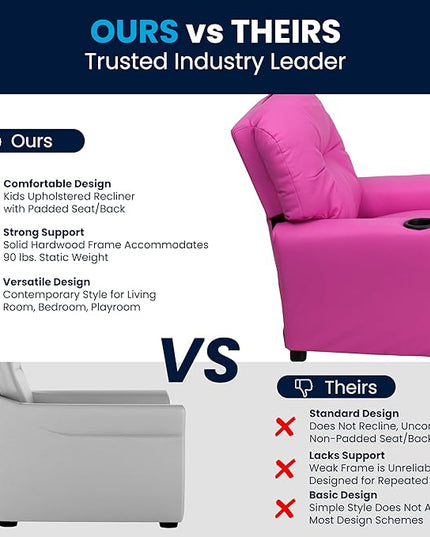 Flash Furniture Chandler Vinyl Kids Recliner with Cup Holder and Safety Recline, Contemporary Reclining Chair for Kids, Supports up to 90 lbs., Hot Pink - LeafyLoom