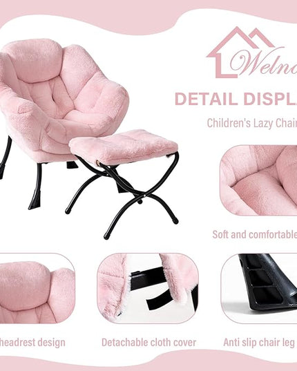 Welnow Toddler Kids Lazy Chair with Ottoman, Accent Comfy Lounge Children Armchair Couch with Armrest and Removable Cover, Detachable Reading Chair with Footrest for Boy or Girl, Plush Pink - LeafyLoom